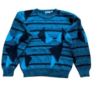 Vintage 80's Koman Blue and Black Pattern Crewneck Knitted Sweater Size Small